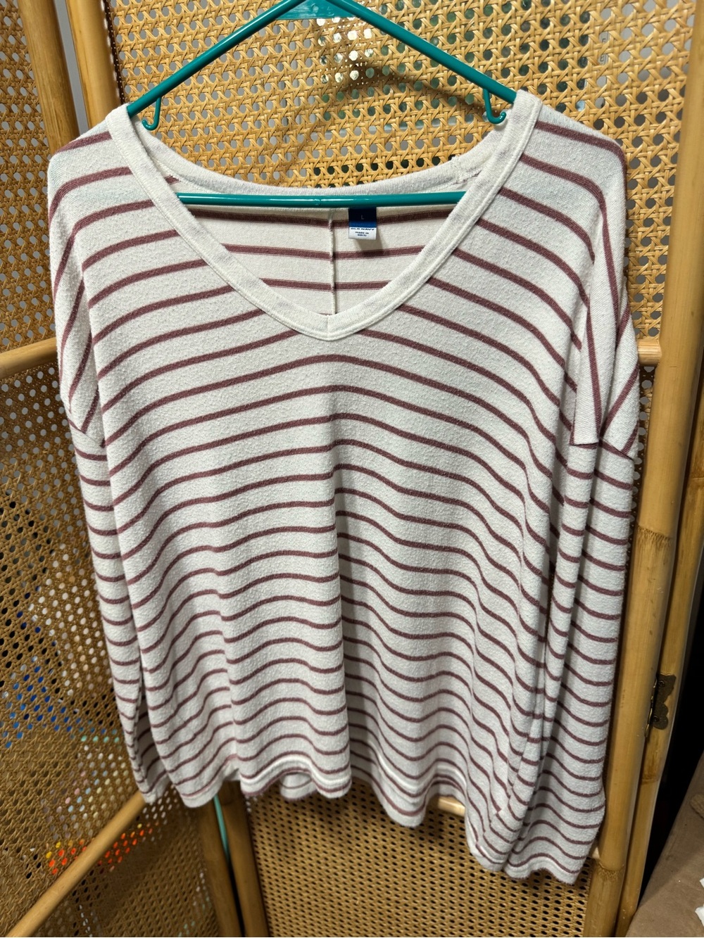 Old Navy Cream and Dusty Rose Striped V-Neck Shirt